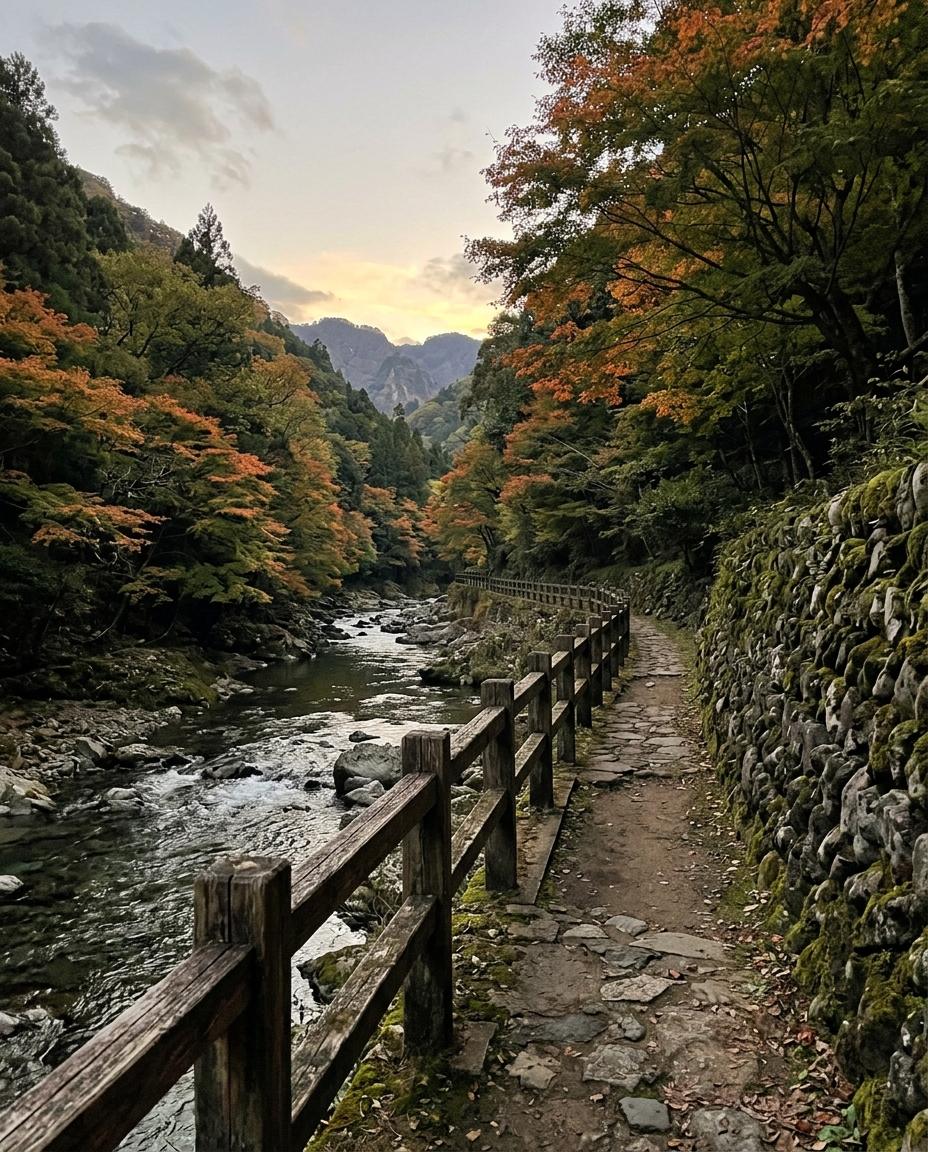 紅葉した渓谷の川沿いの小道