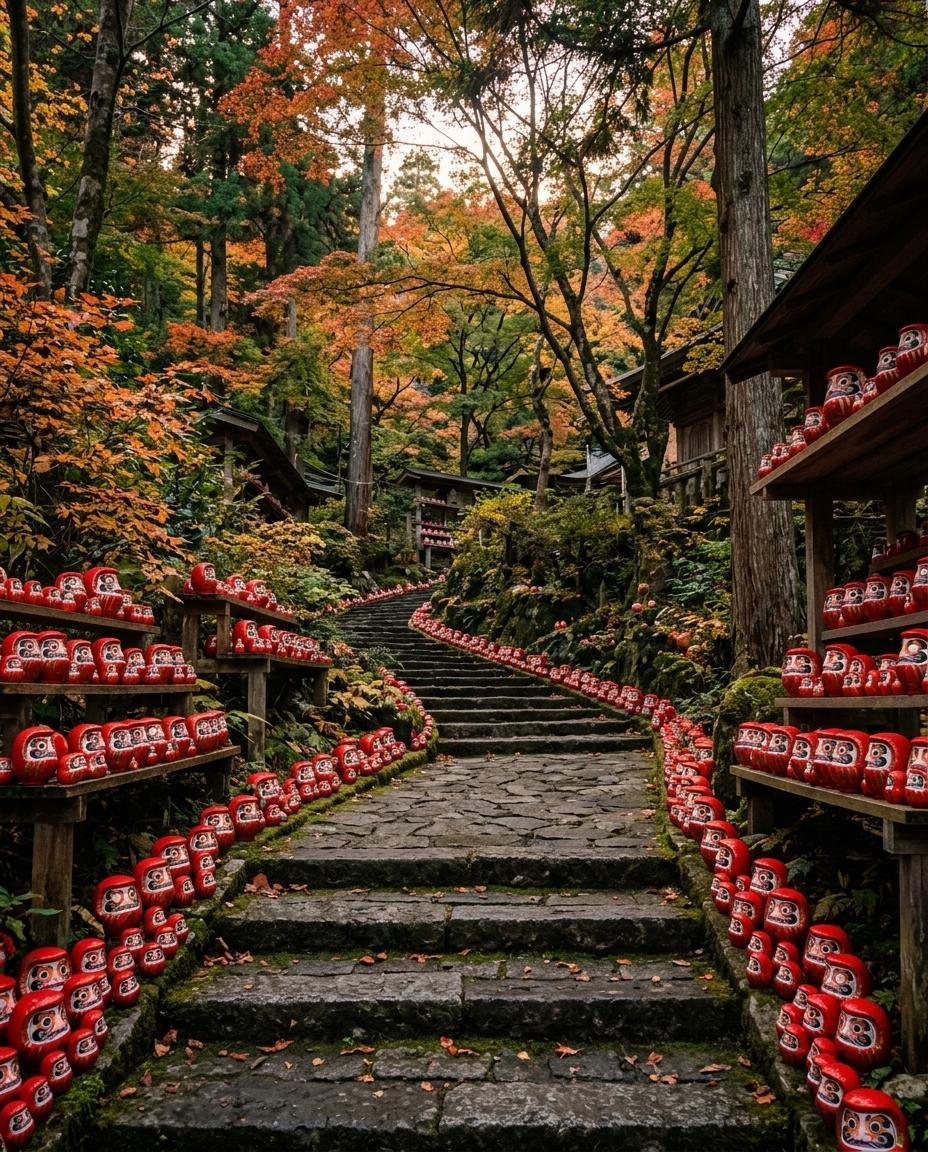 紅葉の中、だるまが並ぶお寺の石段